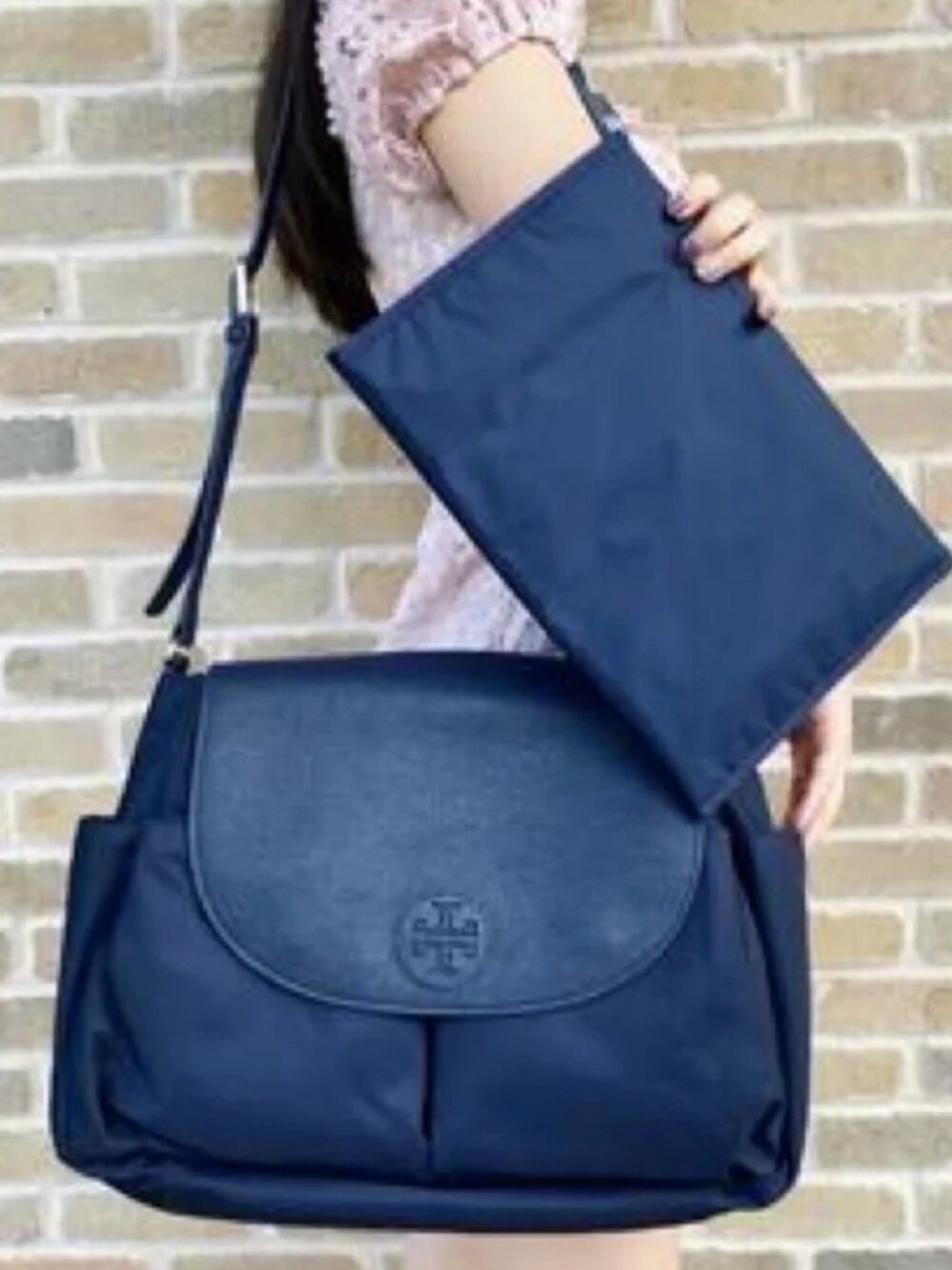 Tory Burch Thea Nylon Messenger Baby Bag NAVY BLUE Pebbled Leather